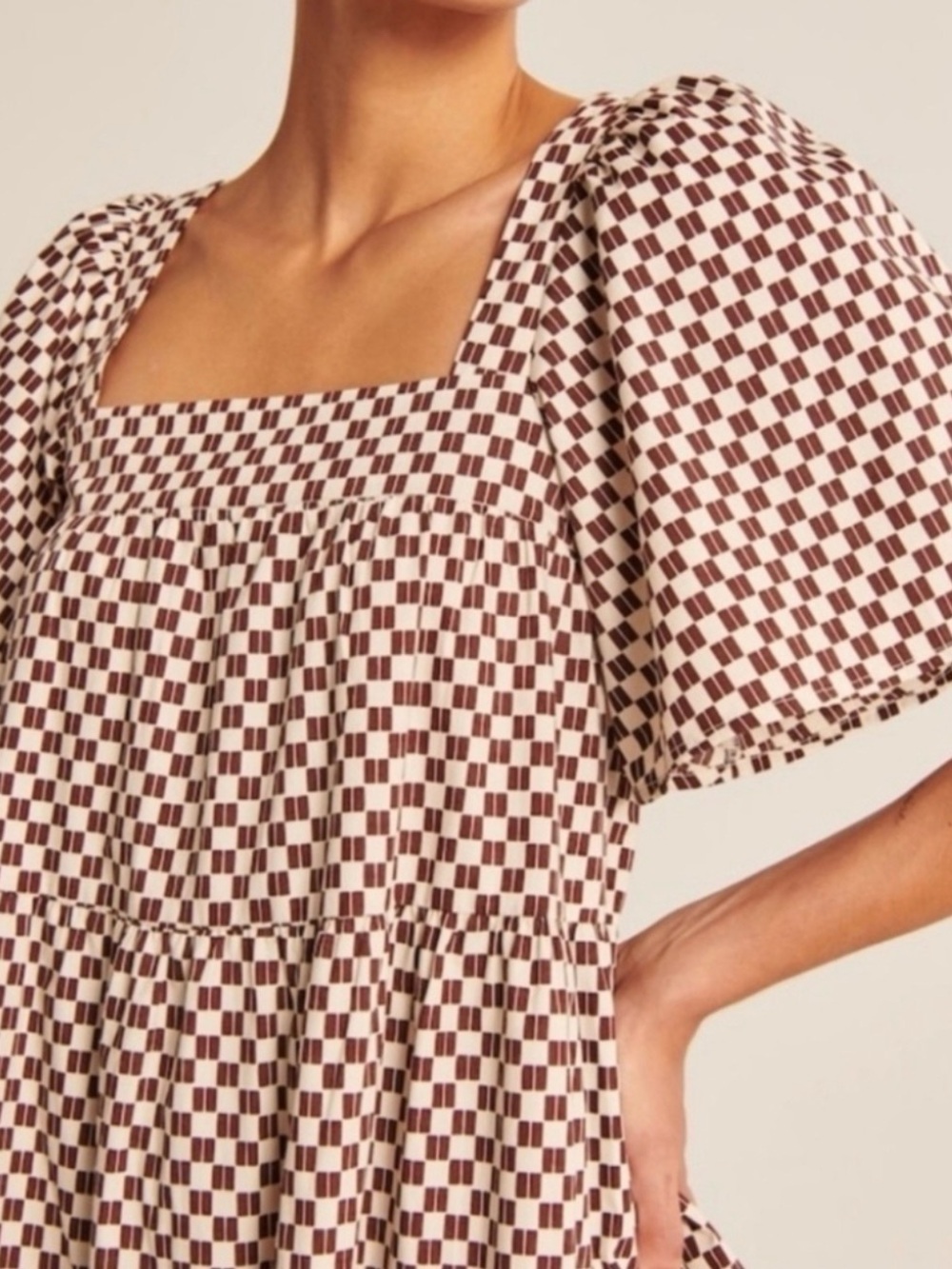 Square Neck Check Babydoll Mini Dress - Brown/White - Picture 3 of 7